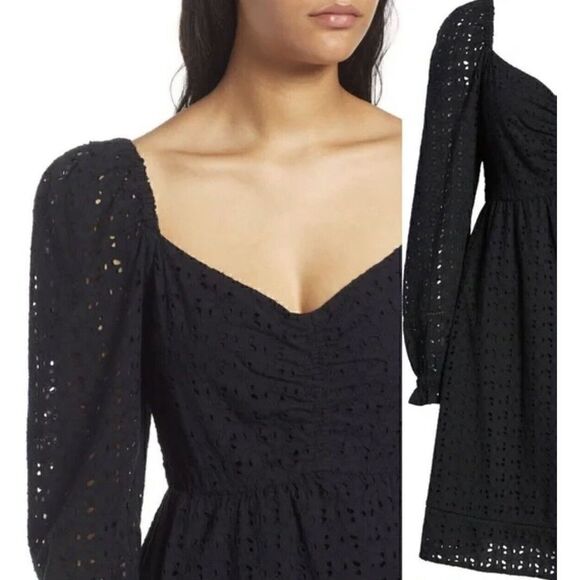 Chelsea28 Cinched Front Eyelet Long Sleeve A-Line Dress Black Size Small. NWT. - Picture 2 of 5